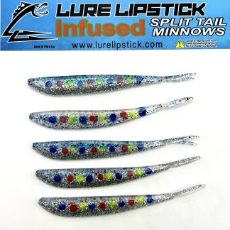 4in 5 Pack Custom Infused Split Tail Minnows – Blue Ice Perch Red Nose Red  Tail – Lure Lipstick