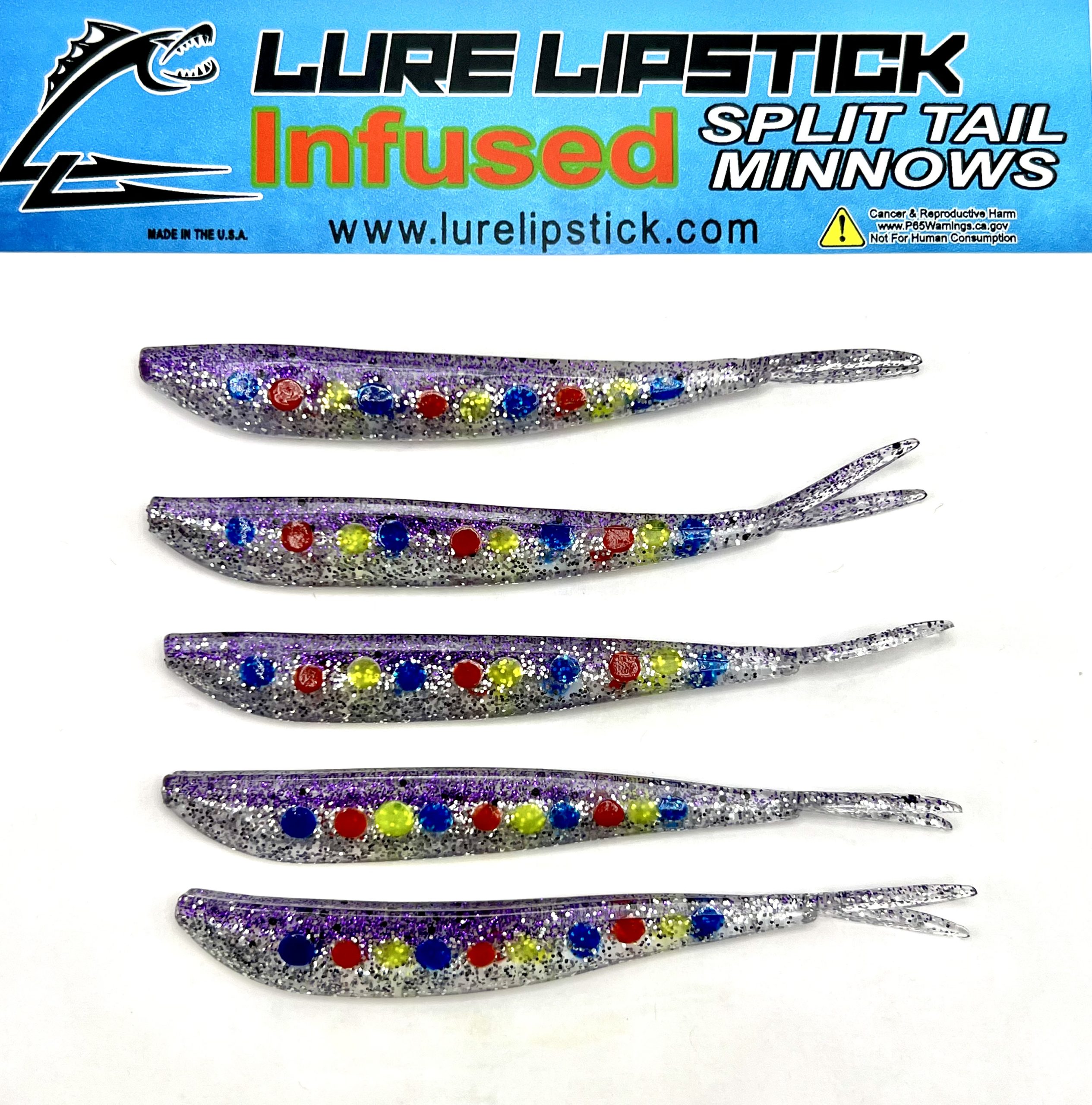 4in 5 Pack Custom Split Tail Minnows – Creepy Larry – Lure Lipstick