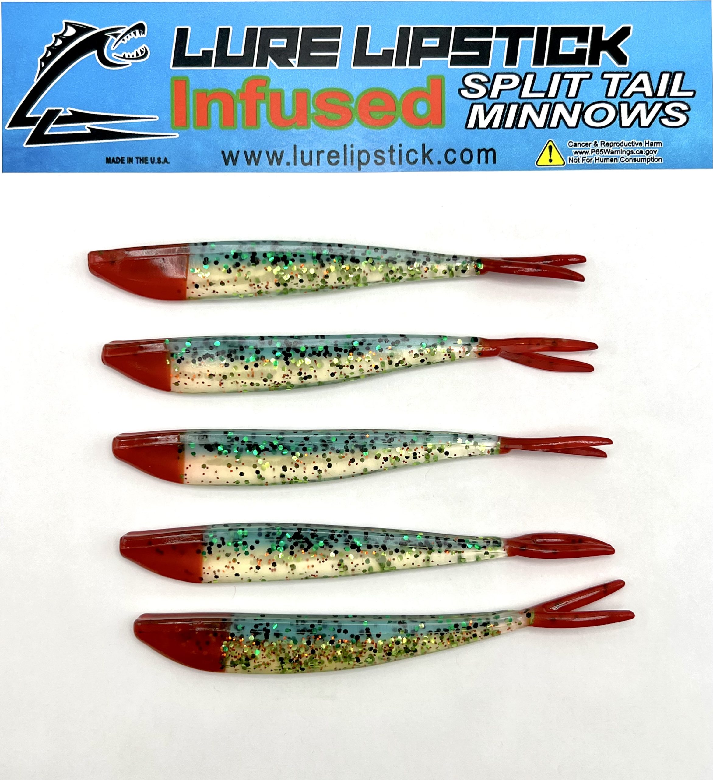 4in 5 Pack Custom Split Tail Minnows - Lime Red Tail