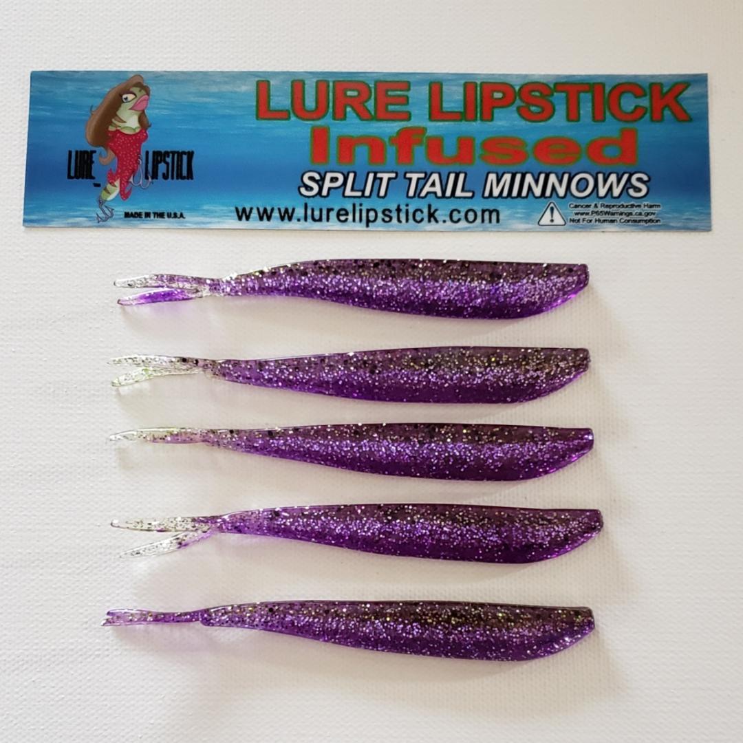 4in 5 Pack Custom Split Tail Minnows - Green Back Purple Ice
