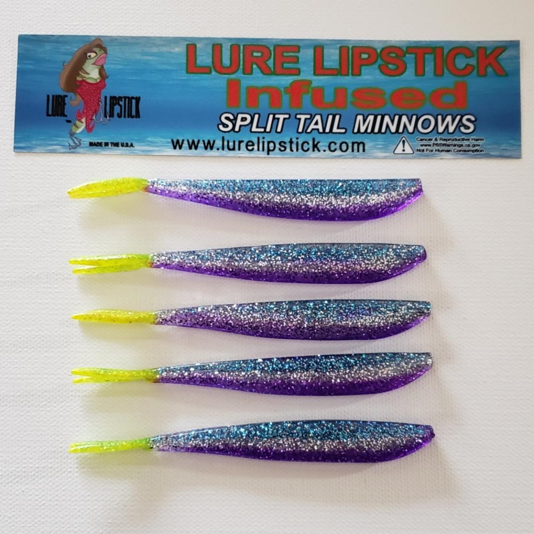 4in 5 Pack Custom Split Tail Minnows - Blueberry Sparkle Chartreuse Tail