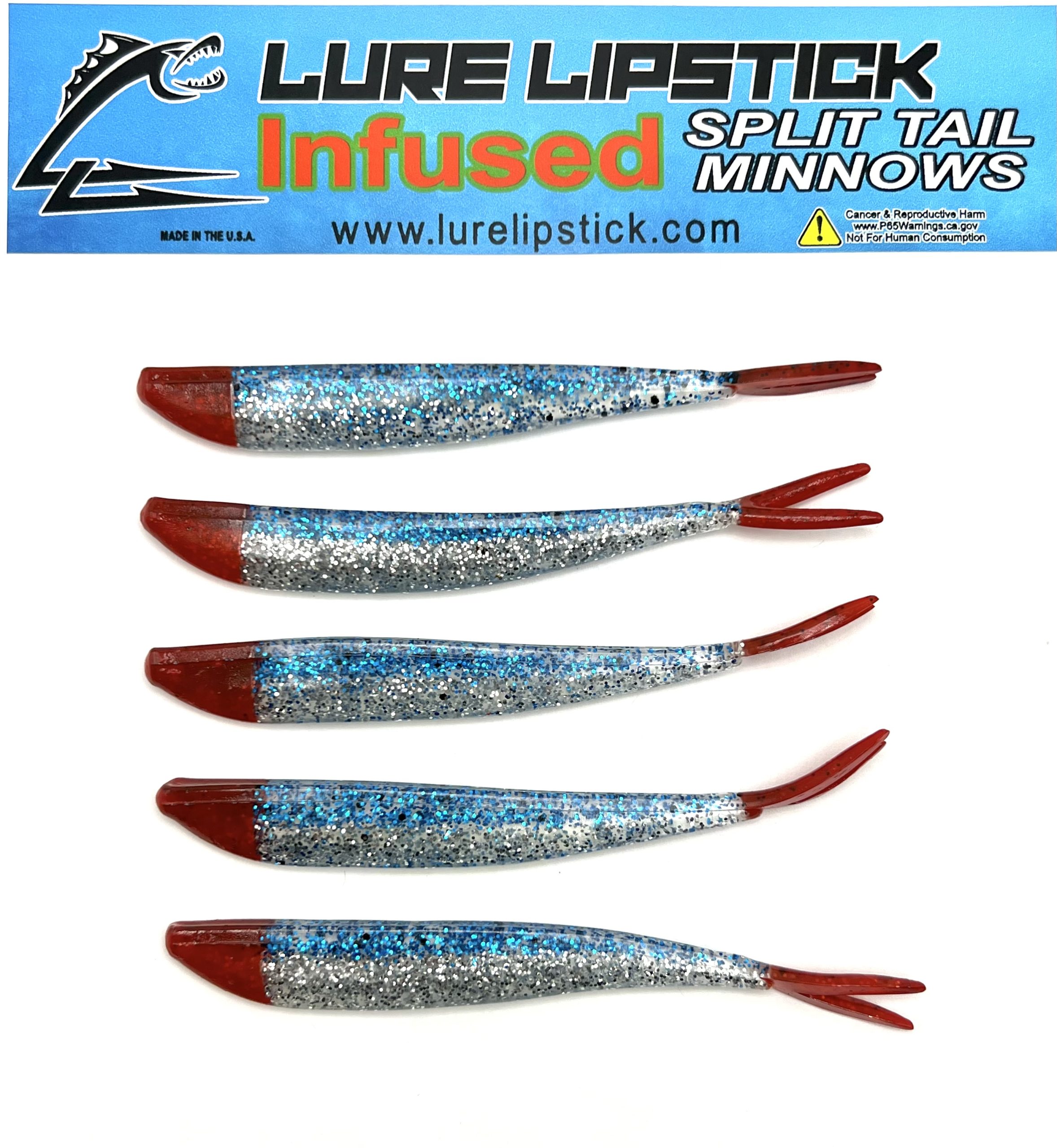 4in 5 Pack Custom Split Tail Minnows – Blue Ice Red Nose & Tail – Lure  Lipstick