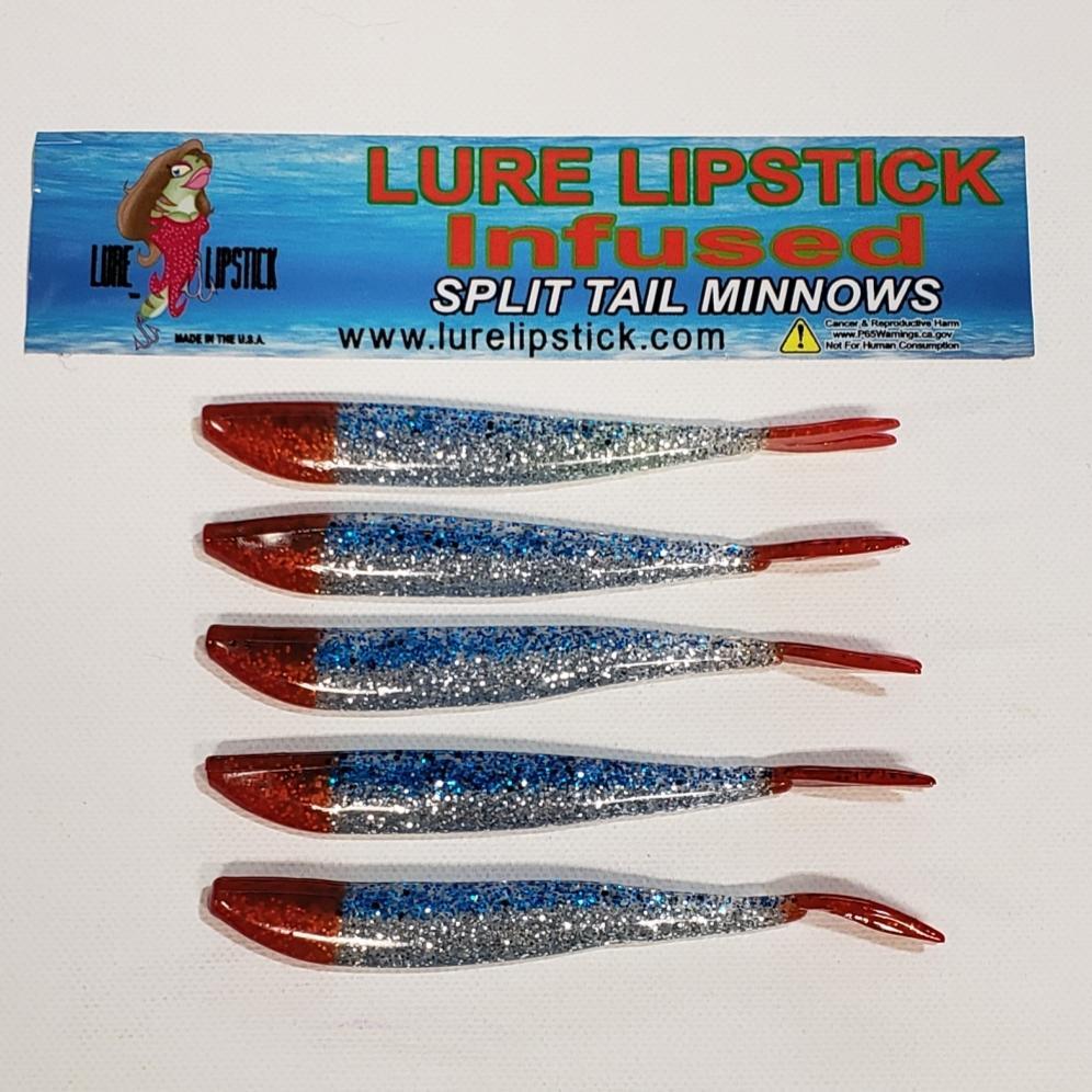 4in 5 Pack Custom Split Tail Minnows - Blue Ice Red Nose & Tail