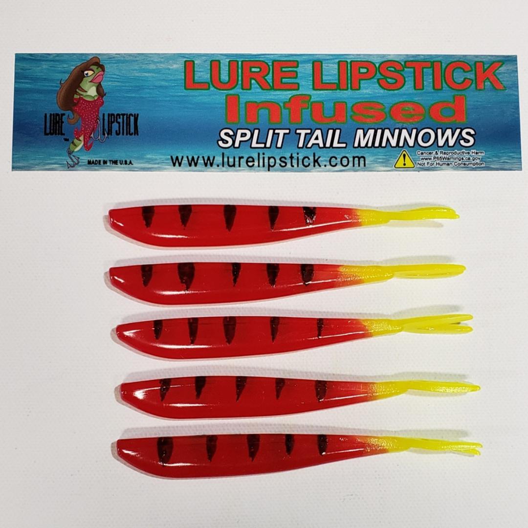 4 in 5 Pack Custom Split Tail Minnows - Red Perch Yellow Tail