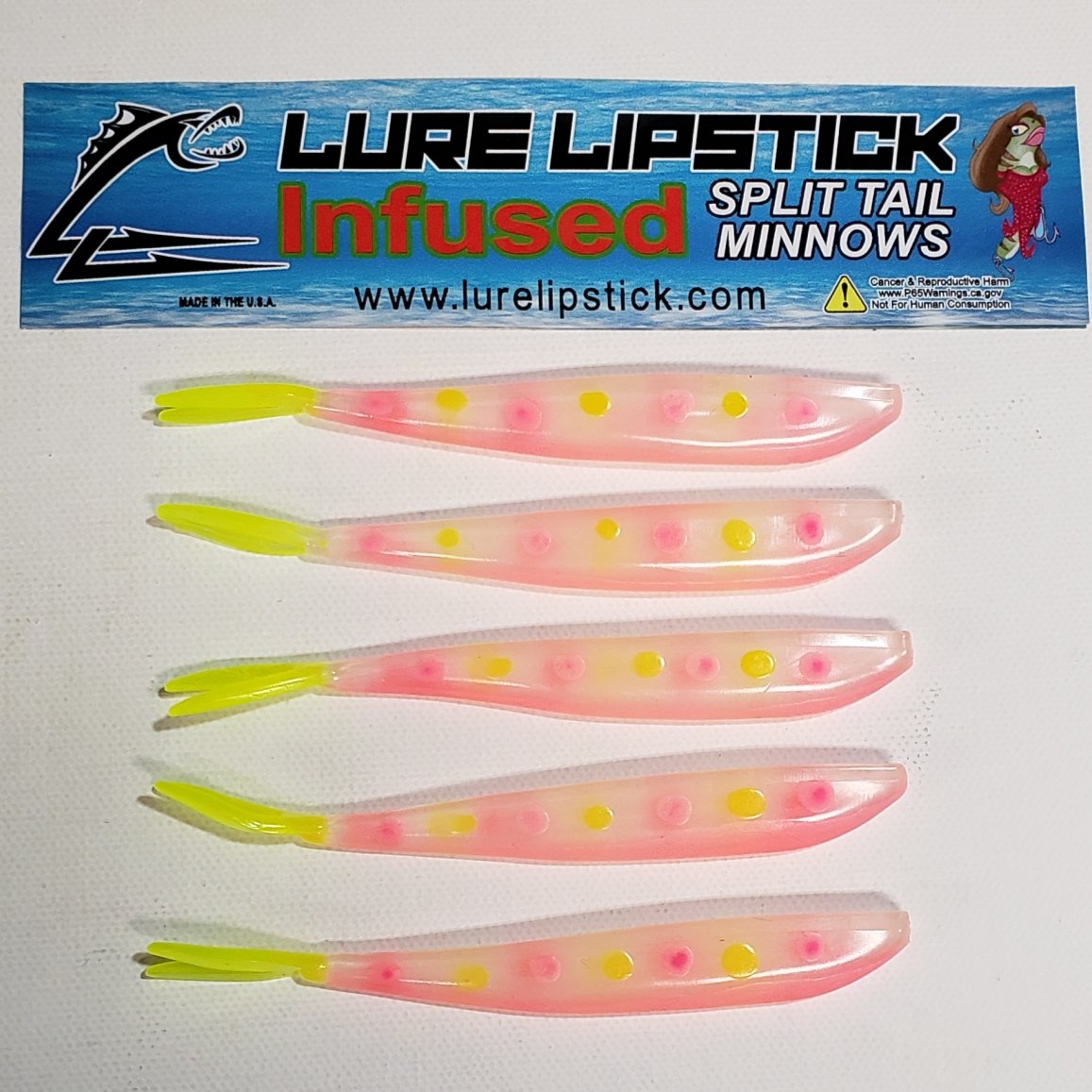 4in 5 Pack  Custom Infused Split Tail Minnows - Pink Lemonade Glow