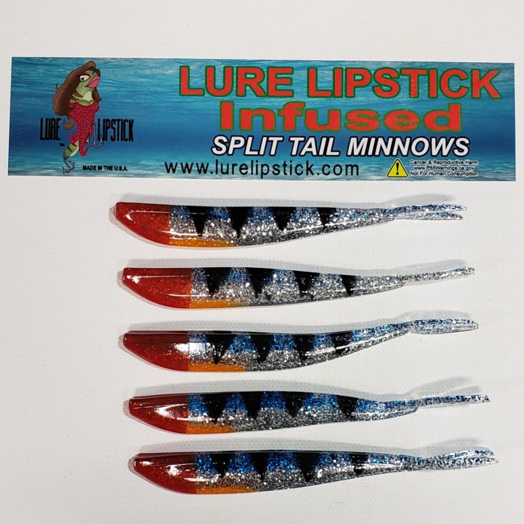4in 5 Pack Custom Split Tail Minnows - Blue Ice Perch Red Nose