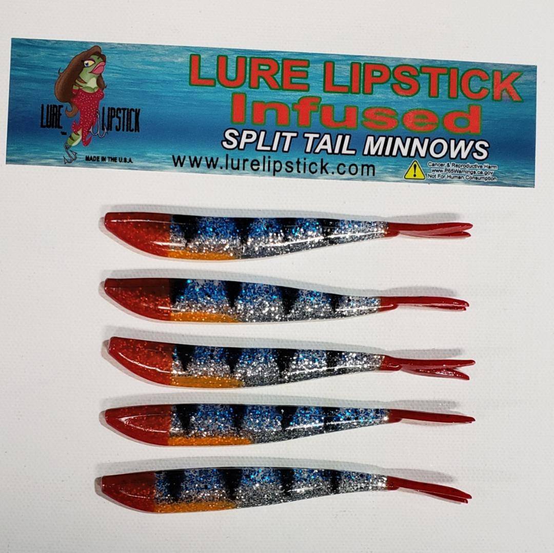 4in 5 Pack Custom Infused Split Tail Minnows - Blue Ice Perch Red Nose Red Tail