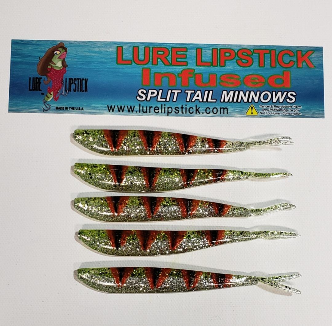 4in 5 Pack Custom Infused Split Tail Minnows - Chartreuse Ice-Red Tiger