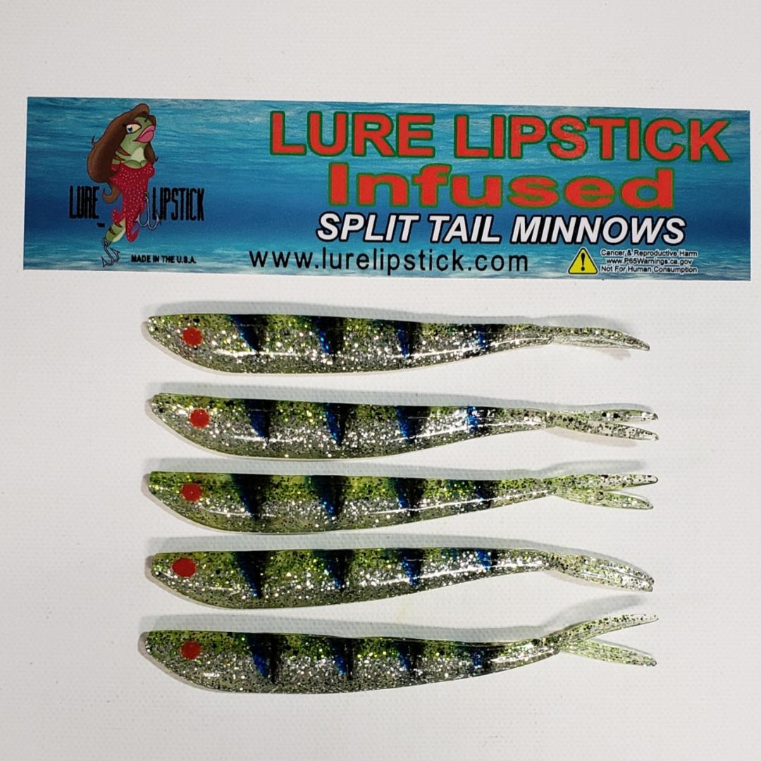 4in 5 Pack Custom Infused Split Tail Minnows - Chartreuse Ice- Blue Tiger