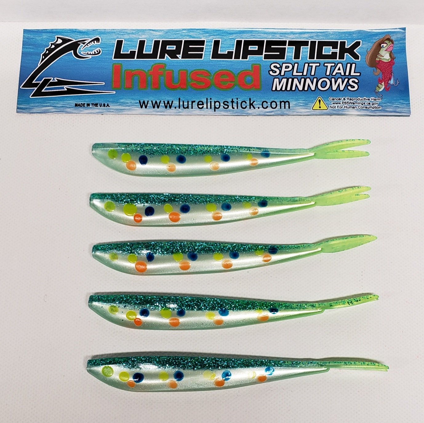 4in 5 Pack Custom Split Tail Minnows - Green Mystic