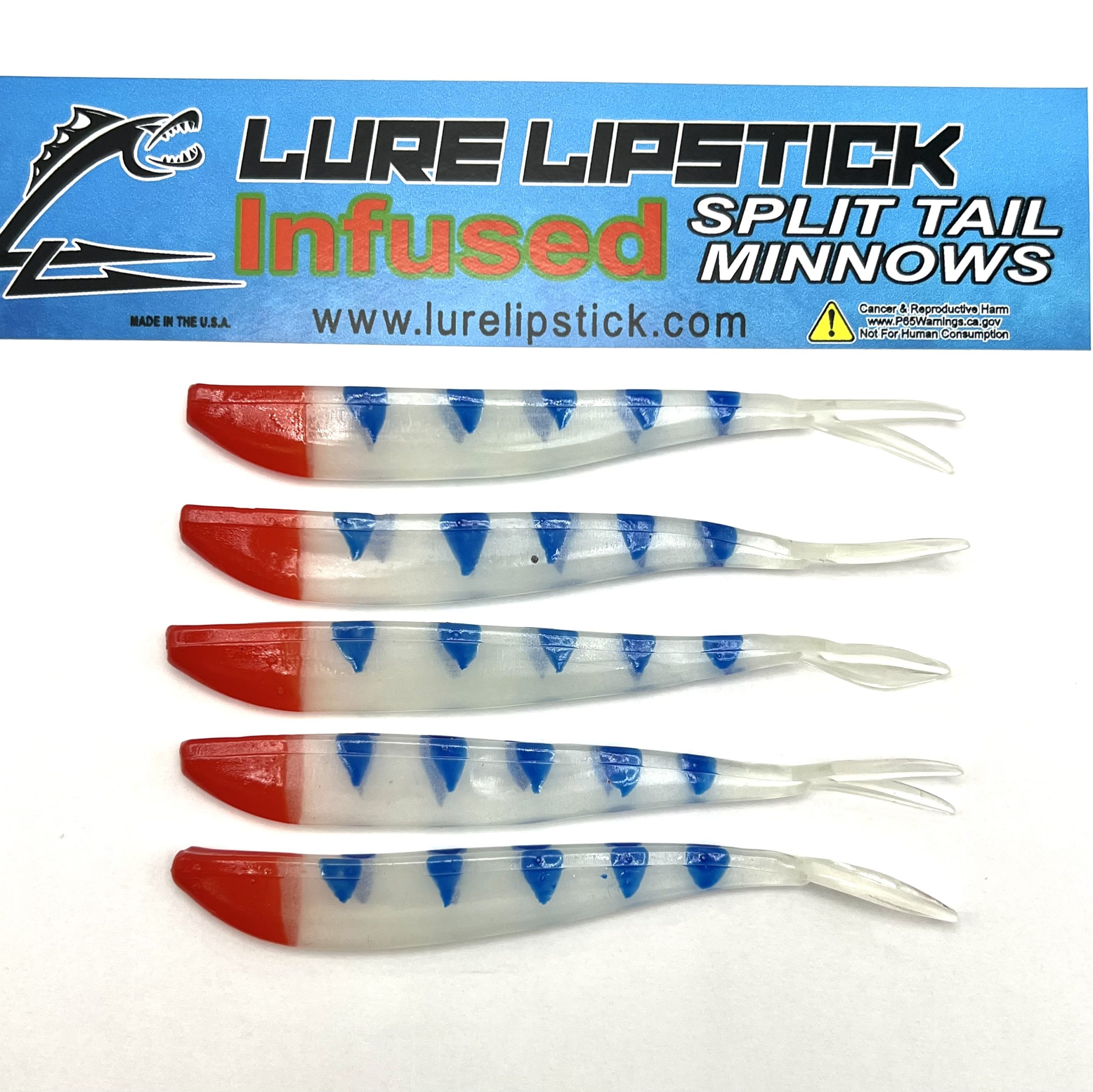 4in 5 pack Custom Split Tail Minnows – Blue Glow Perch – Lure Lipstick