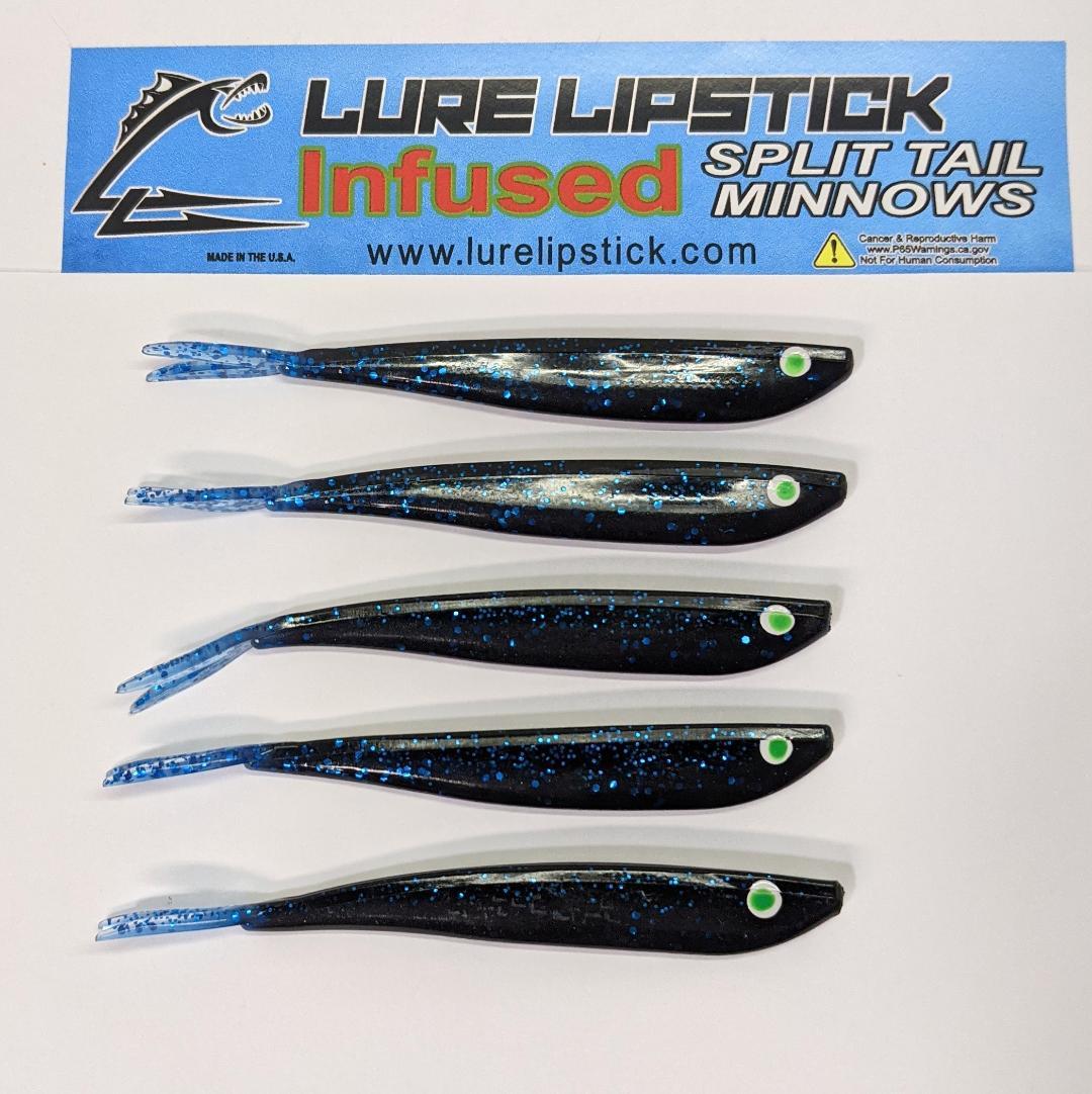 4in 5 Pack Custom Split Tail Minnows - Black and Blue Cracked Ice