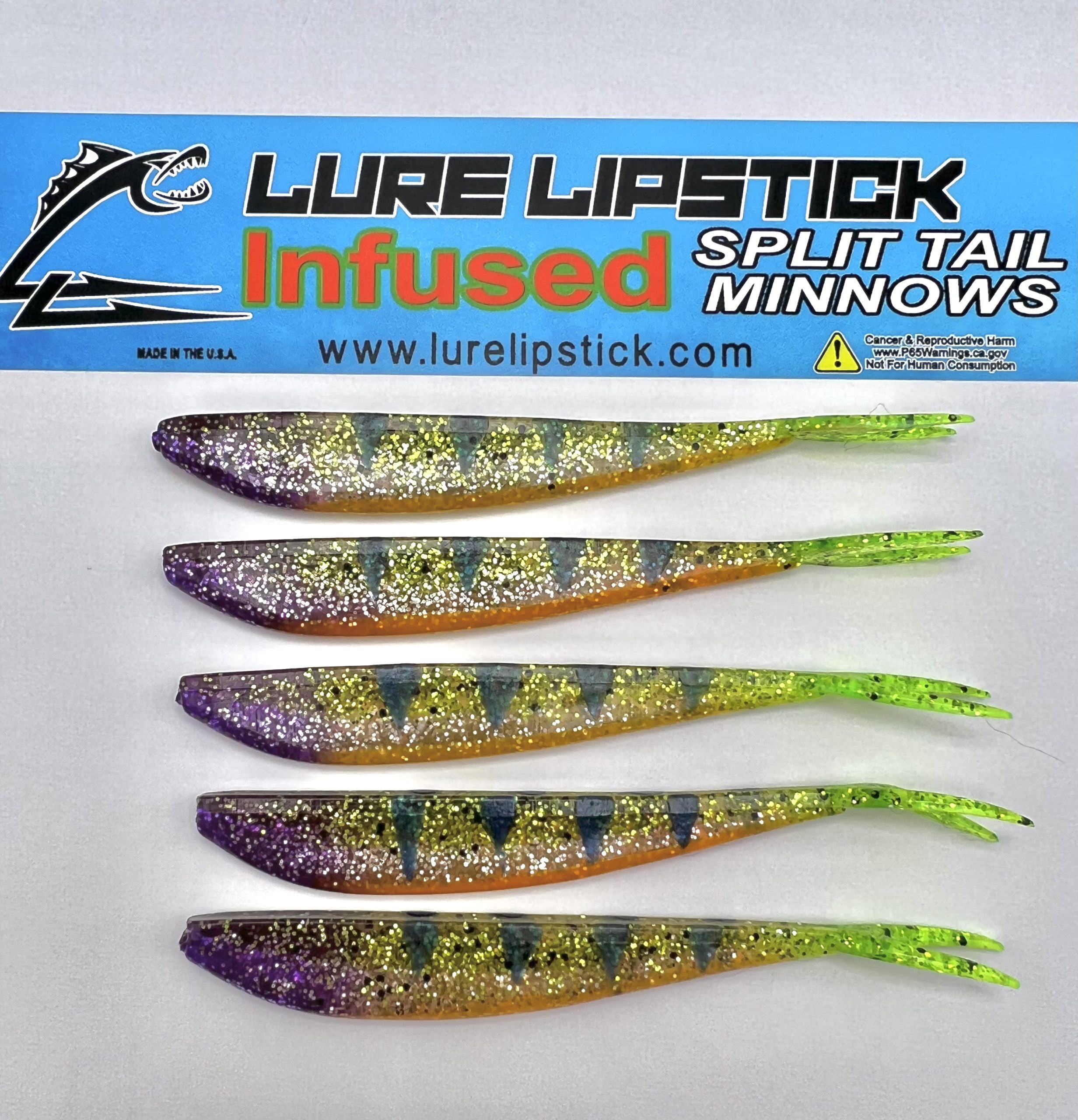 4in 5 Pack Custom Split Tail Minnows – Blue Ice Perch Red Nose – Lure  Lipstick