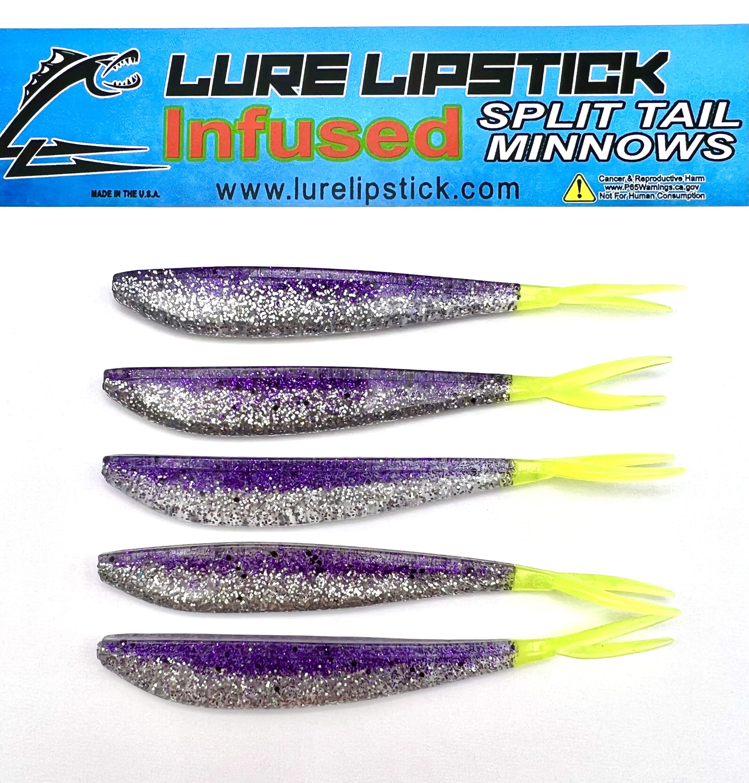 4in 5 Pack Custom Split Tail Minnows – Purple Ice Chartreuse Tail