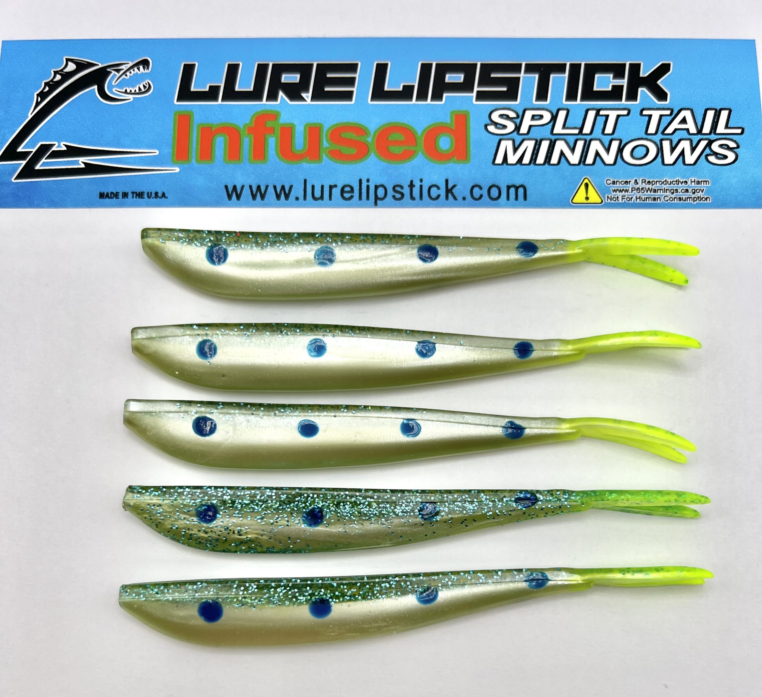 4in 5 Pack Custom Split Tail Minnows – Creepy Larry – Lure Lipstick