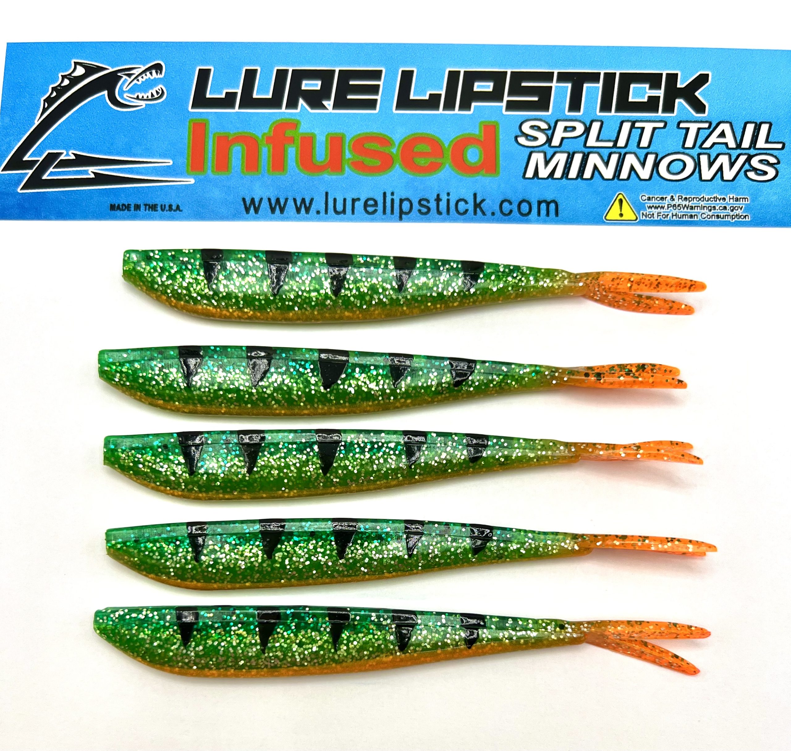 4in 5 Pack Custom Split Tail Minnows – Green Mystic – Lure Lipstick