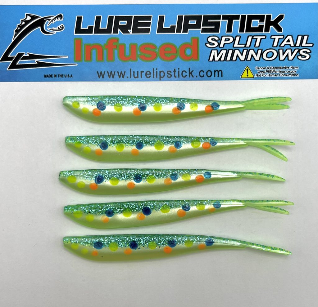 4in 5 Pack Custom Split Tail Minnows – Green Mystic – Lure Lipstick