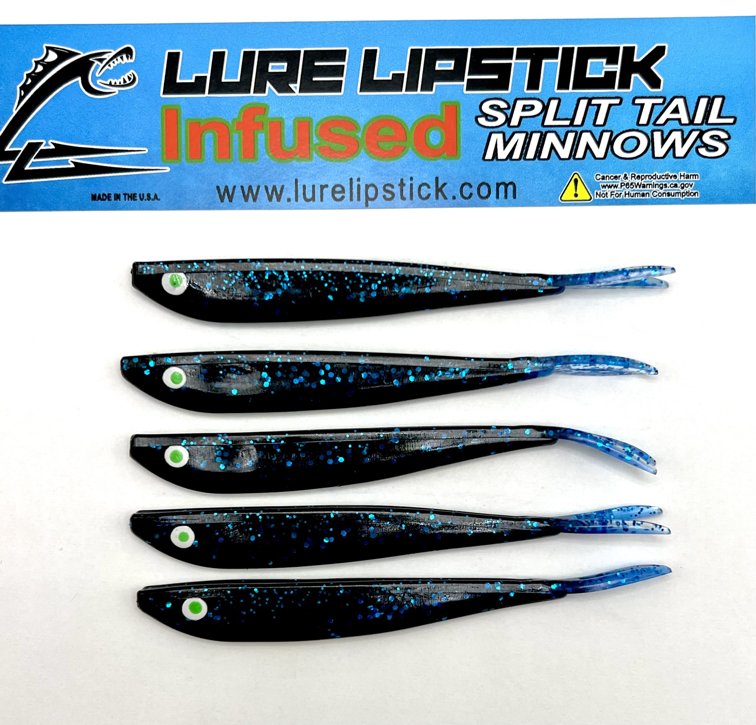 4in 5 Pack Custom Split Tail Minnows - Black and Blue Cracked Ice