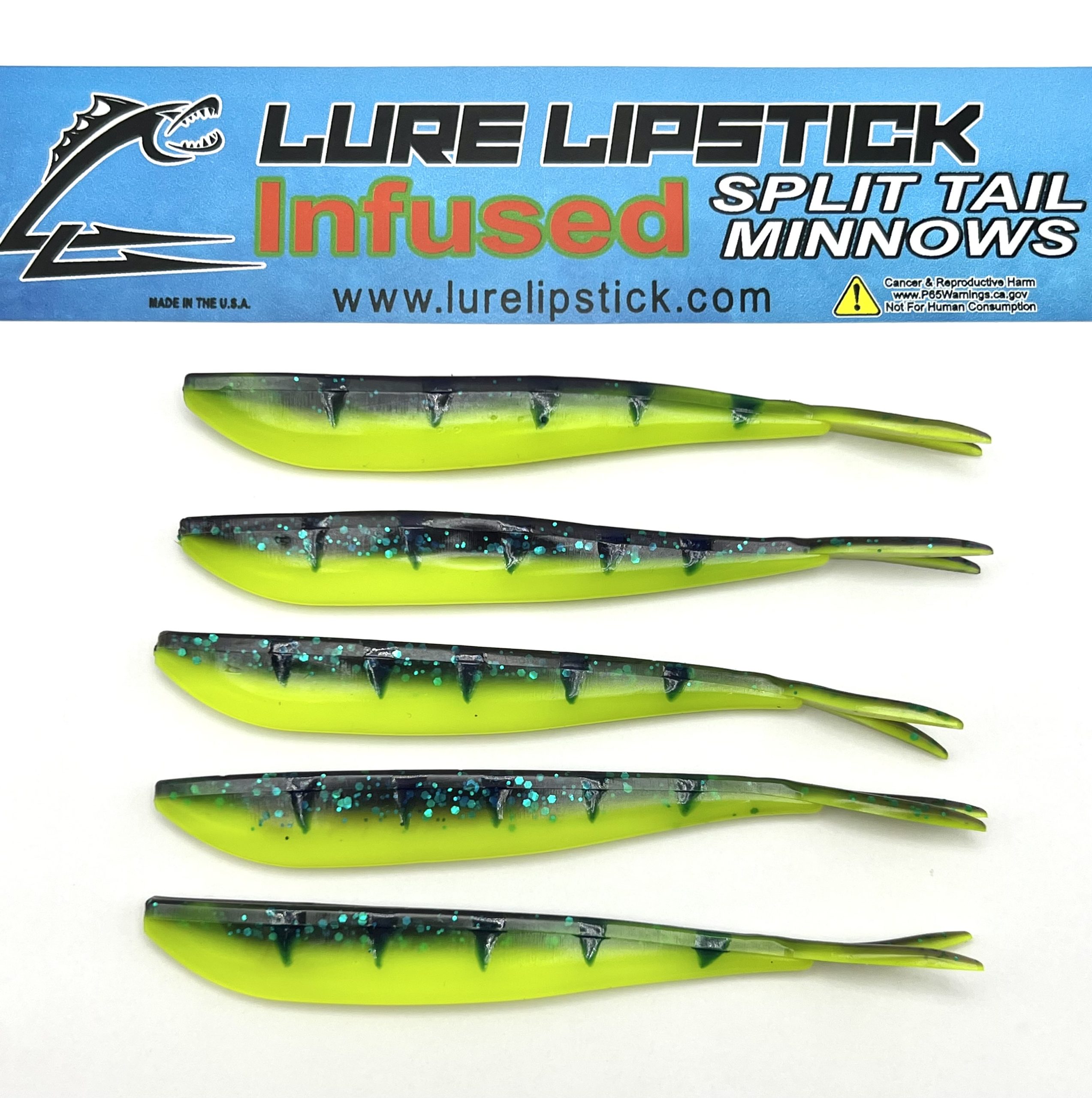 4in 5 Pack Custom Split Tail Minnows – June Bug Perch – Lure Lipstick