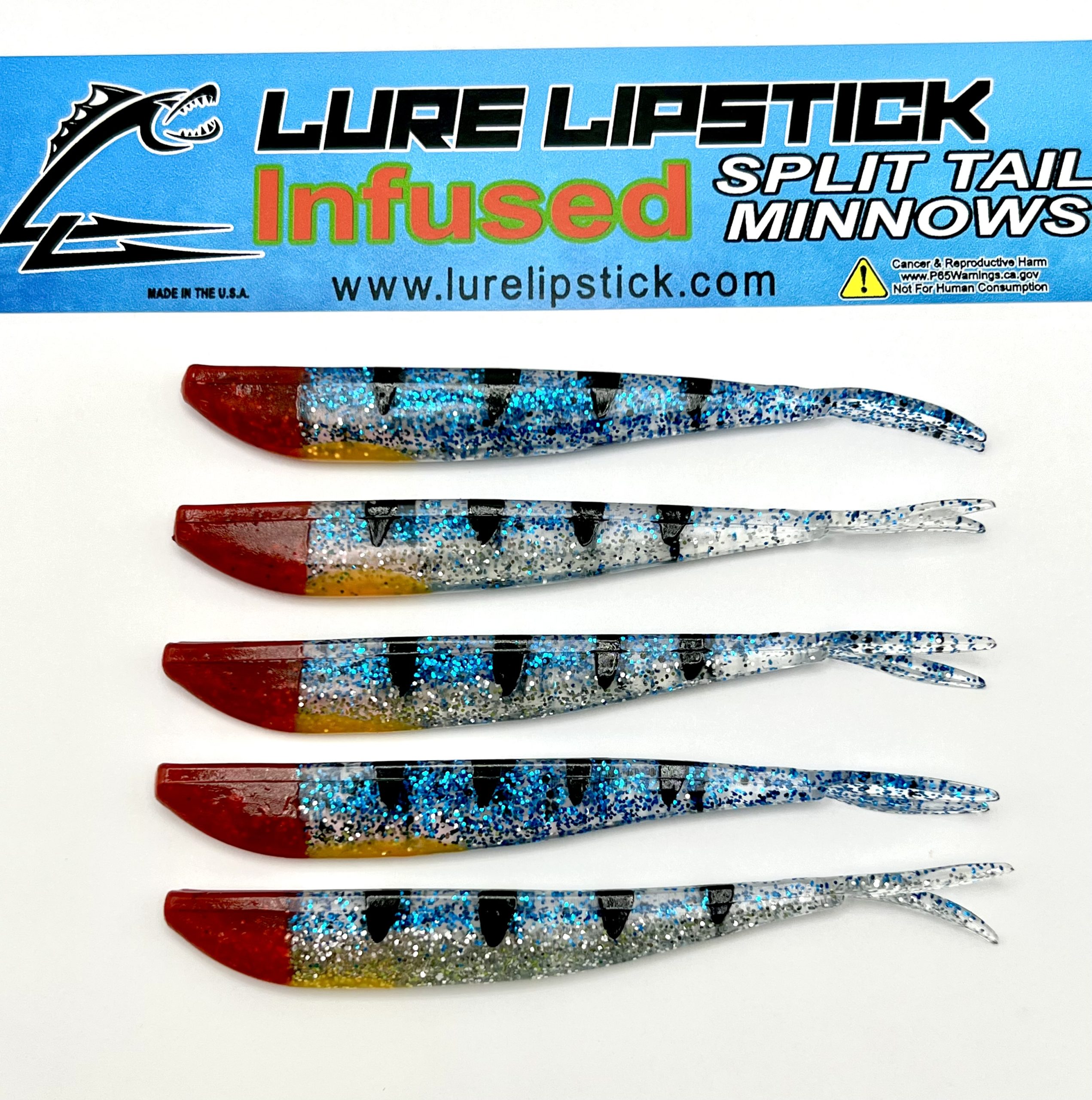 4in 5 Pack Custom Split Tail Minnows – Blue Ice Perch Red Nose