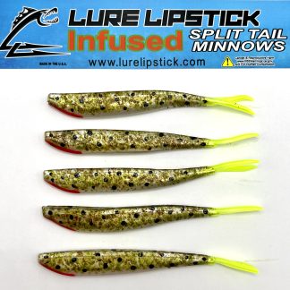 4 INCH 5 PACK- CUSTOM SPLIT TAIL MINNOWS - GOBY CHARTREUSE TAIL