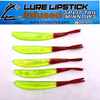 4in 5 Pack Custom Split Tail Minnows - Lime Red Tail
