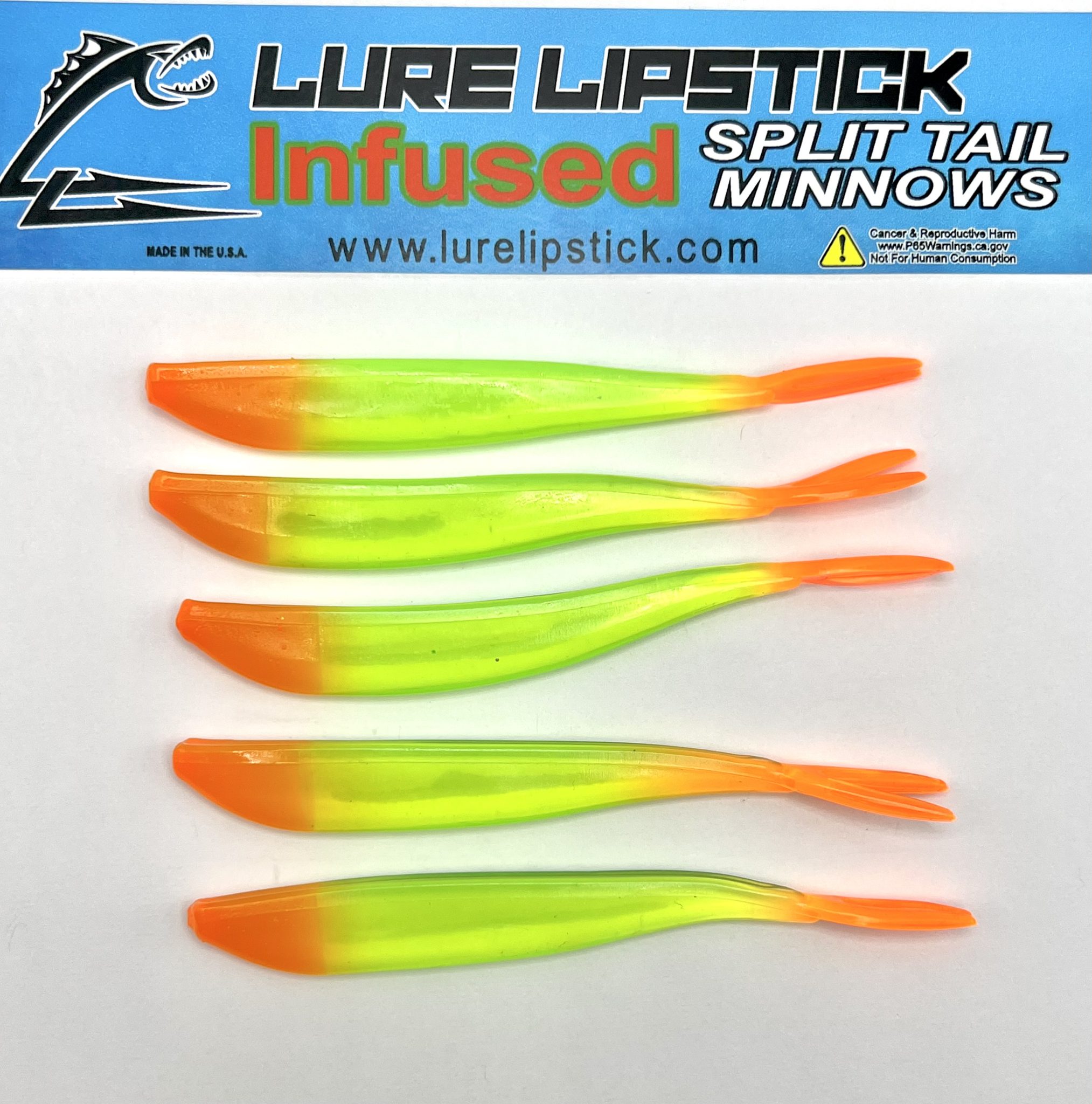 4in 5 Pack Custom Infused Split Tail Minnows – Mango Lime – Lure Lipstick
