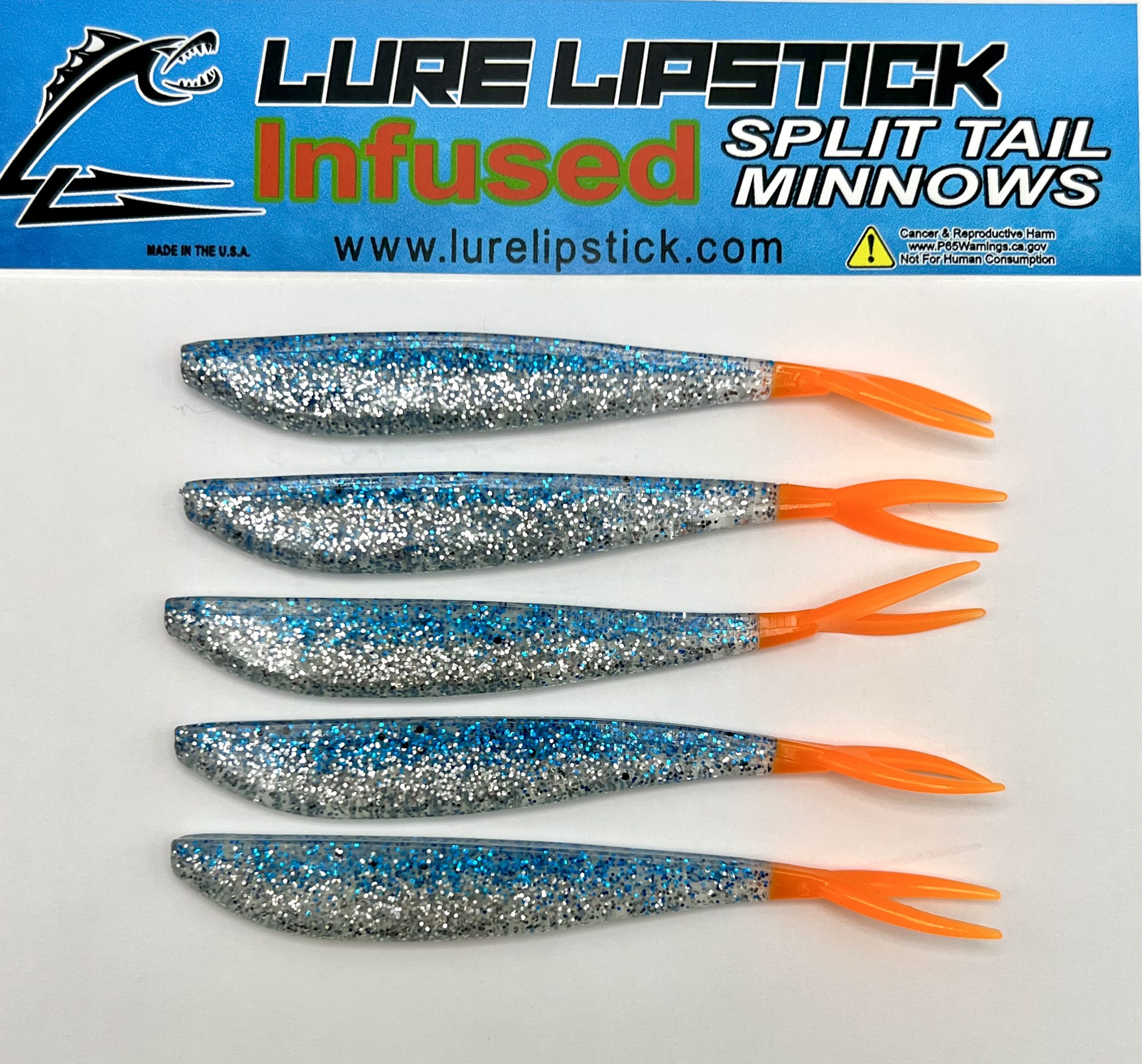 4in 5 Pack Custom Split Tail Minnows - Blue Ice Orange Tail