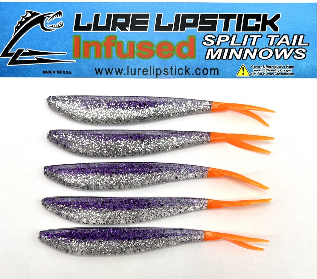 4in 5 Pack Custom Split Tail Minnows – Purple Ice Orange Tail – Lure ...