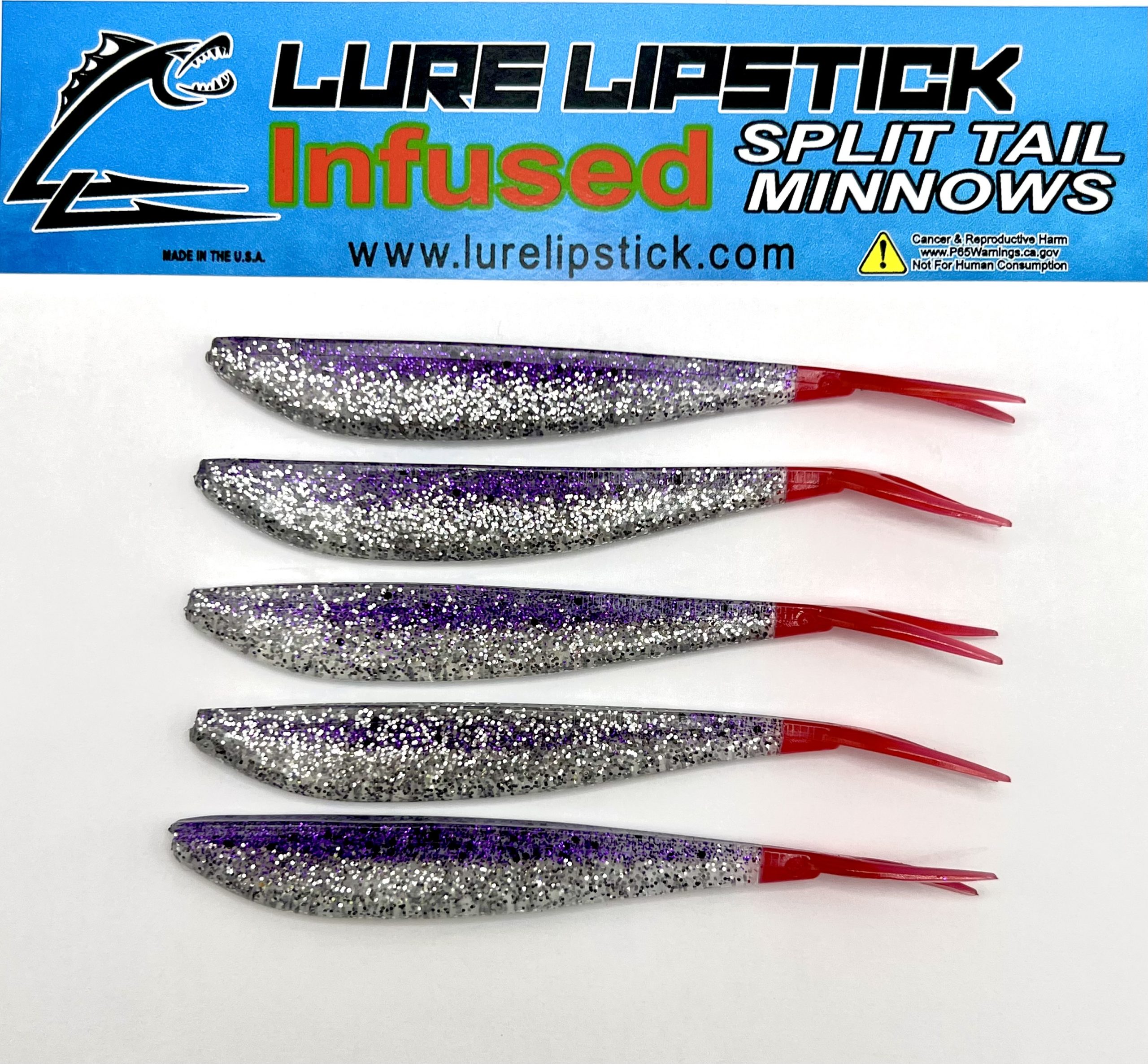 4in 5 Pack Custom Split Tail Minnows - Purple Ice Red Tail