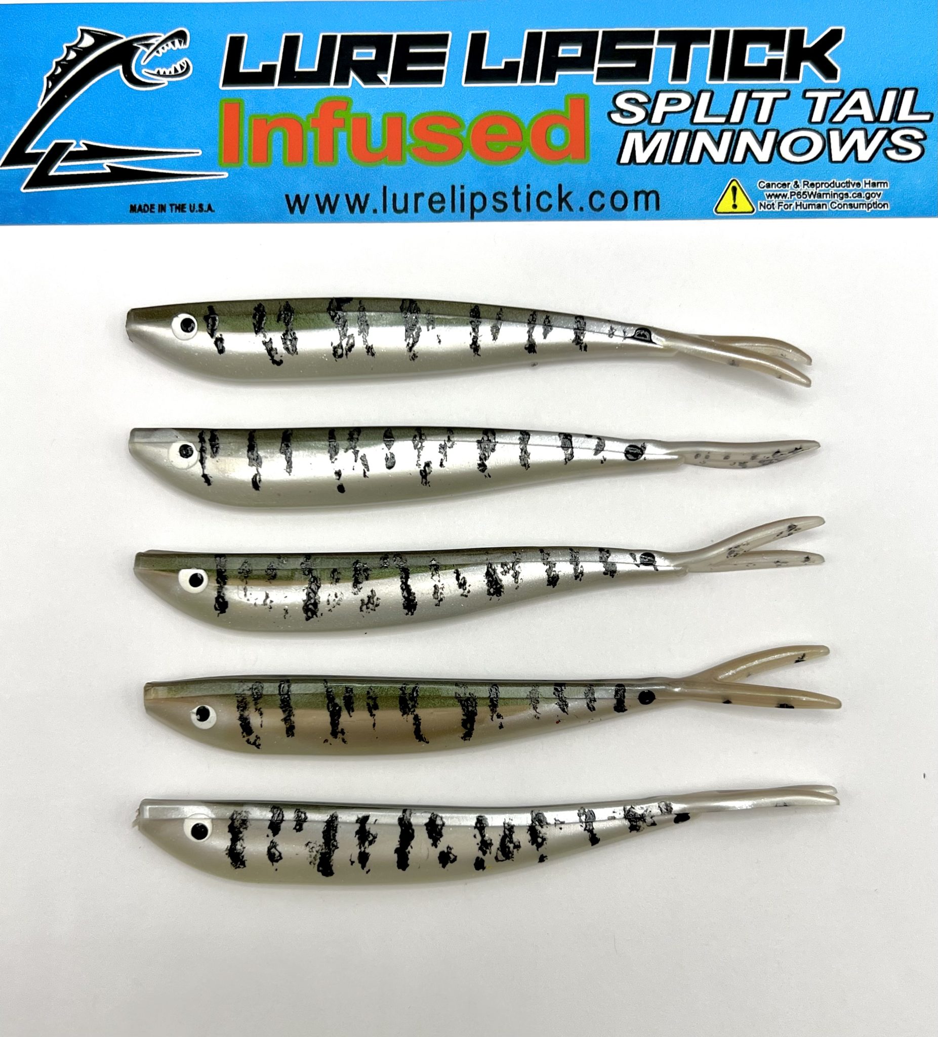 4 In 5 Pack Custom Split Tail Minnows - Logperch - Lure Lipstick