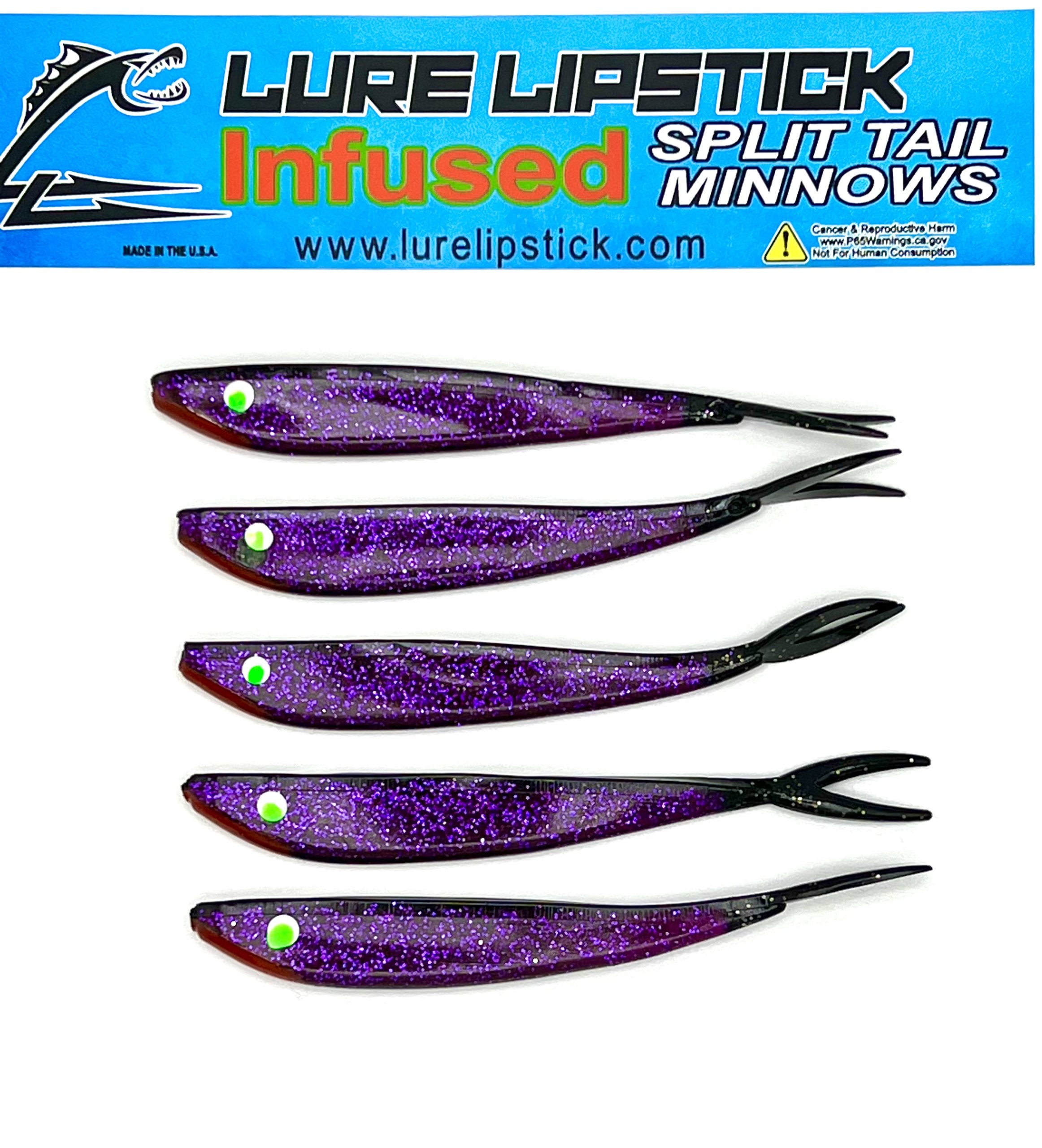 4 In 5 Pack Custom Split Tail Minnows – Purple Pounder – Lure Lipstick