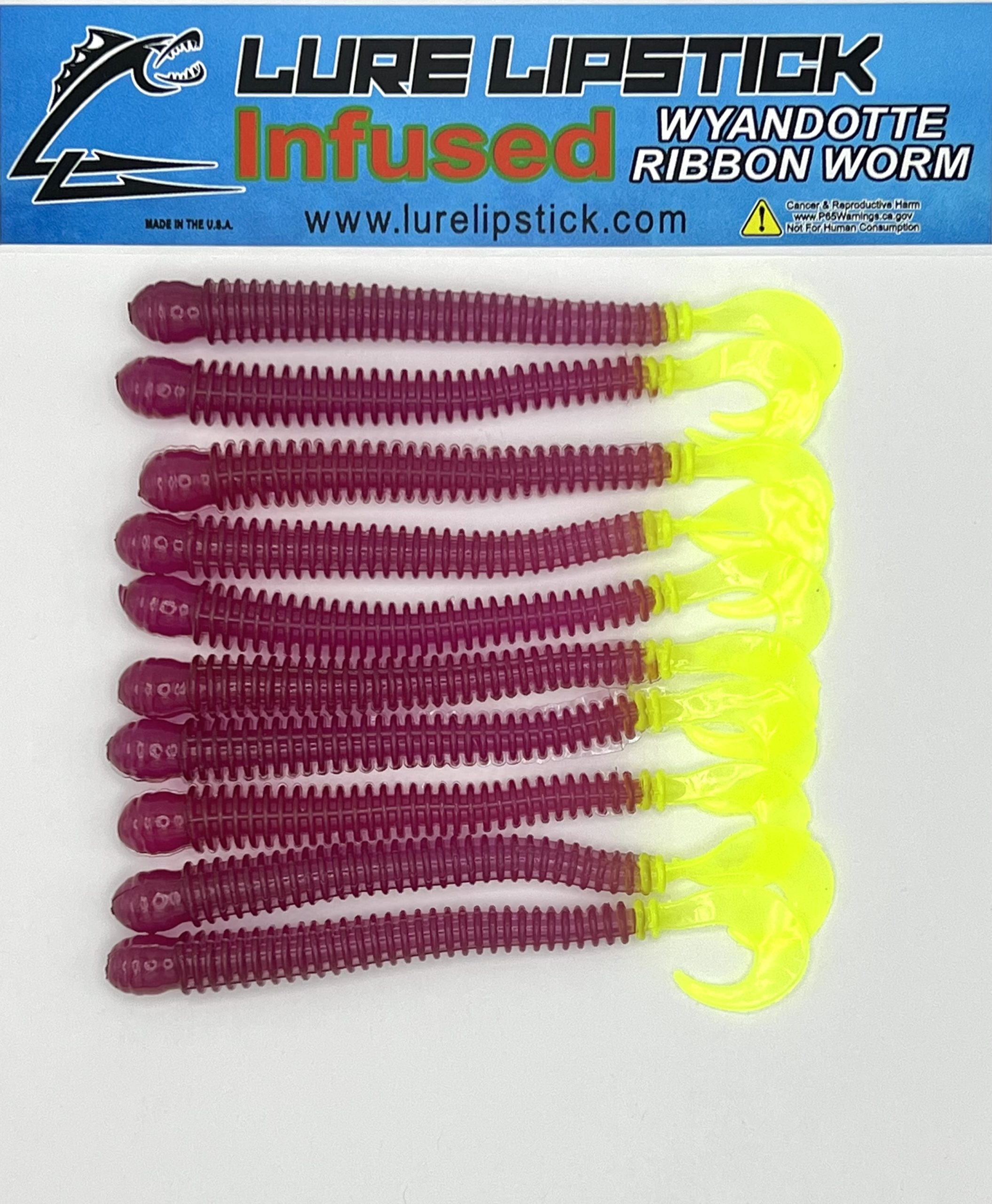 4 inch 10 Pack Infused Custom Wyandotte Ribbon Worms -Purple Chartreuse Tail