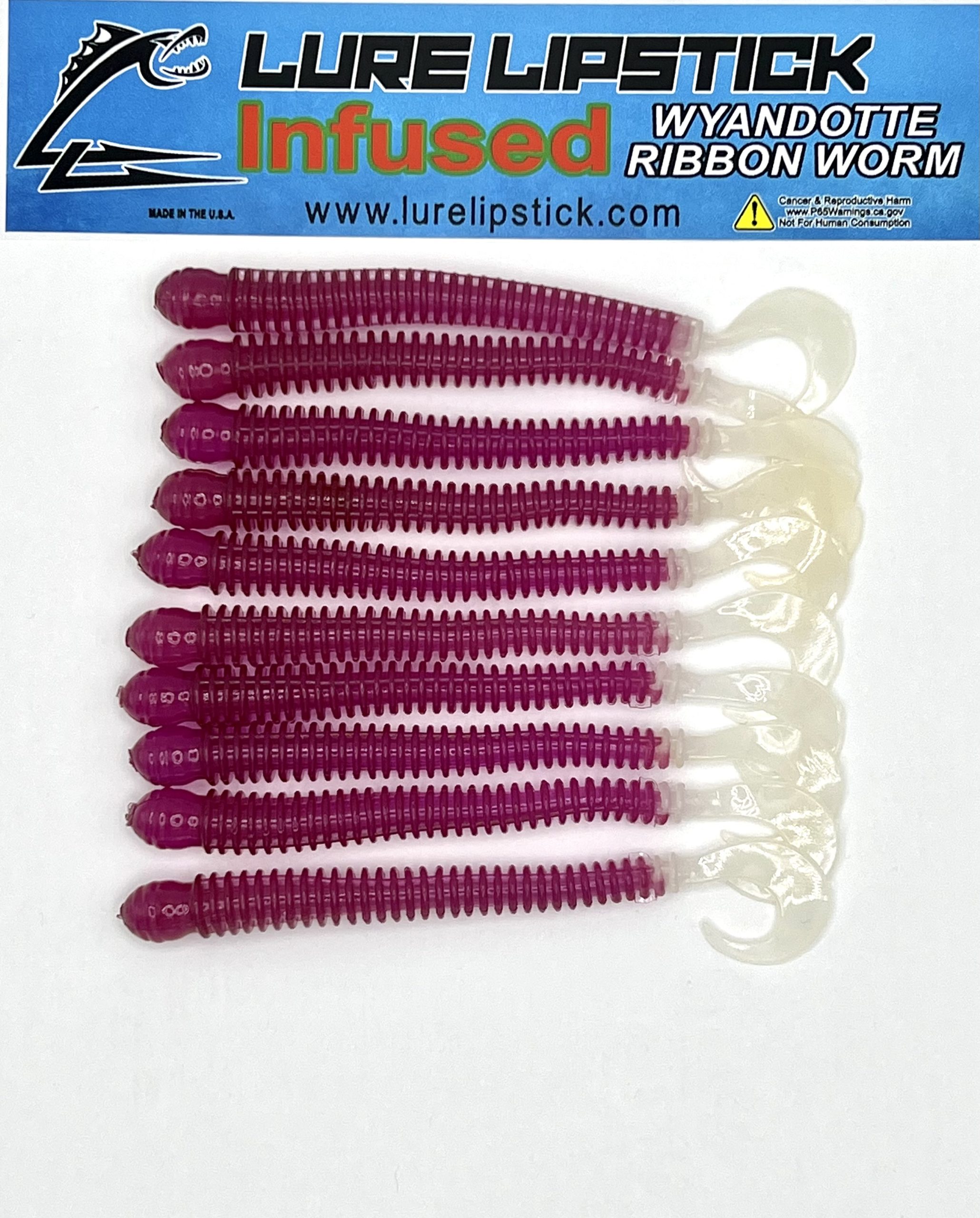 4 Inch 10 Pack Infused Custom Wyandotte Ribbon Worms – Purple Glow Tail –  Lure Lipstick