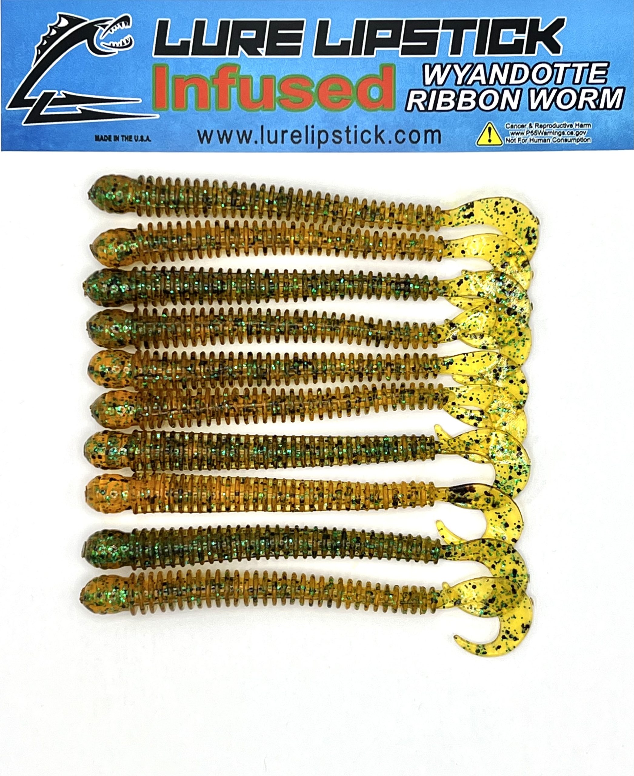 4 Inch 10 Pack Infused Custom Wyandotte Ribbon Worms – Green Pumpkin Pepper  – Lure Lipstick