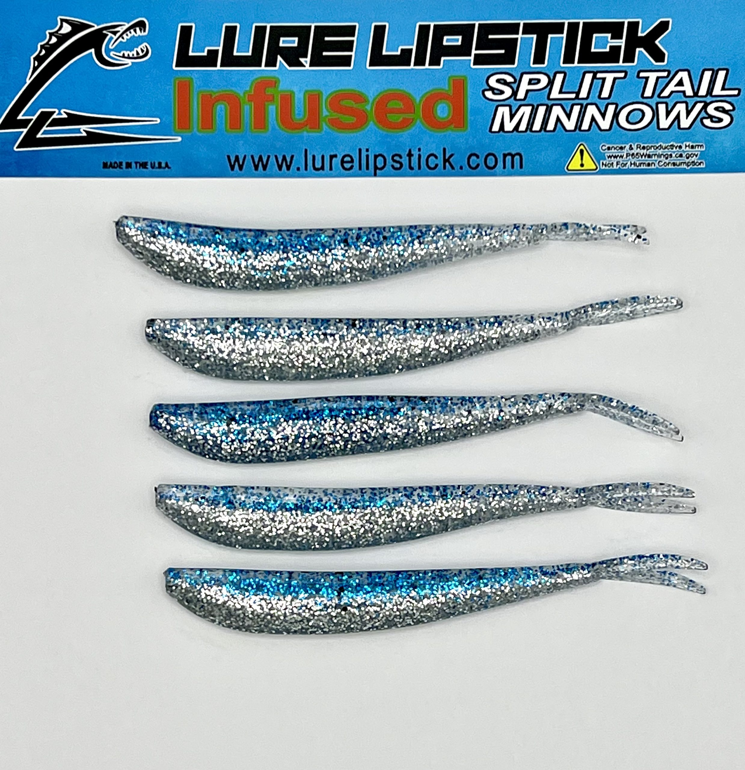 4 INCH 5 PACK - CUSTOM SCENTED SPLIT TAIL MINNOWS - BLUE ICE