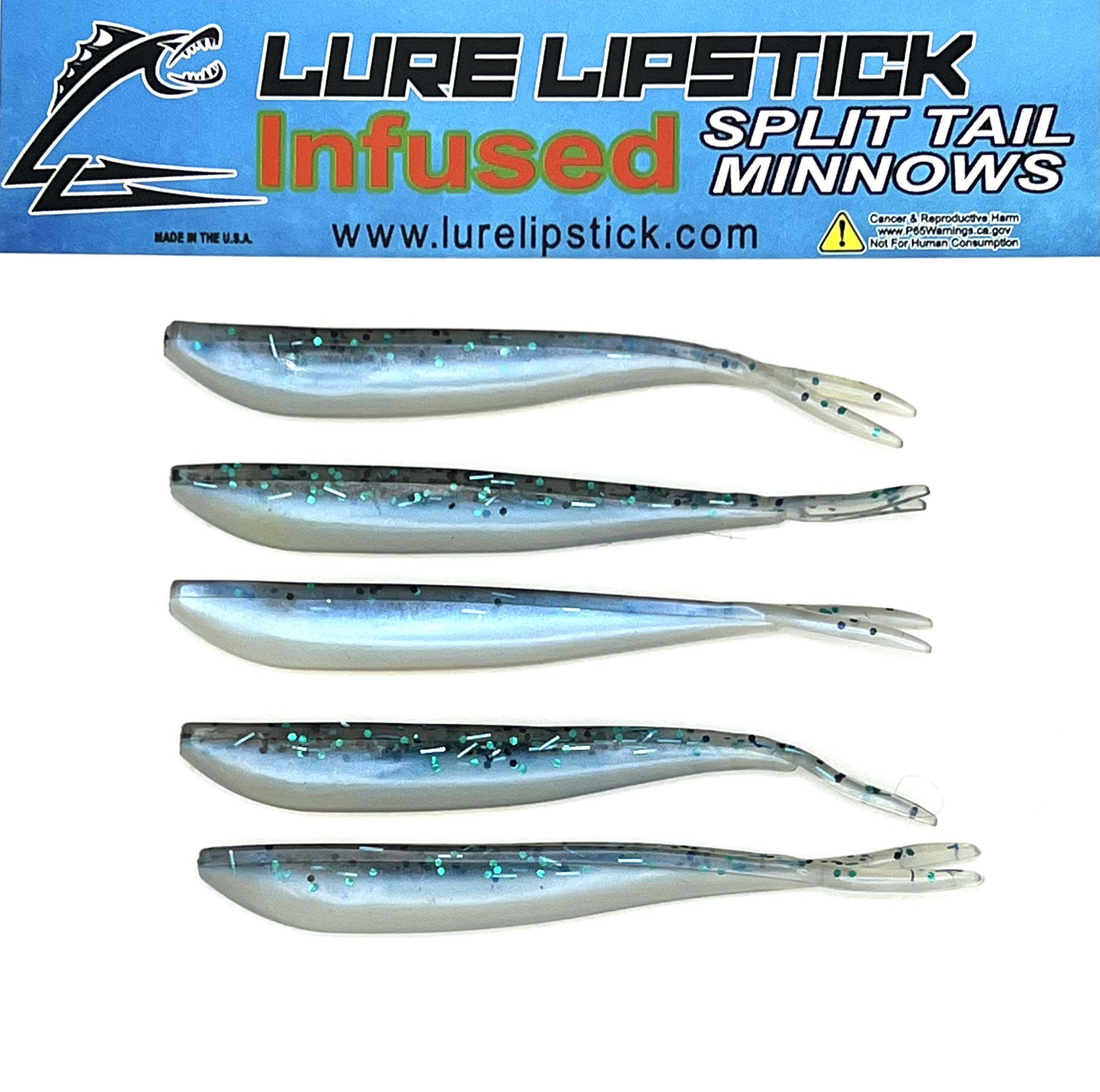 4 INCH 5 PACK - CUSTOM SCENTED SPLIT TAIL MINNOWS - BLUE ICE