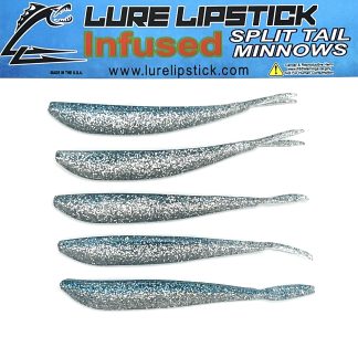 4 INCH 5 PACK – CUSTOM SCENTED SPLIT TAIL MINNOWS – BLUE ICE