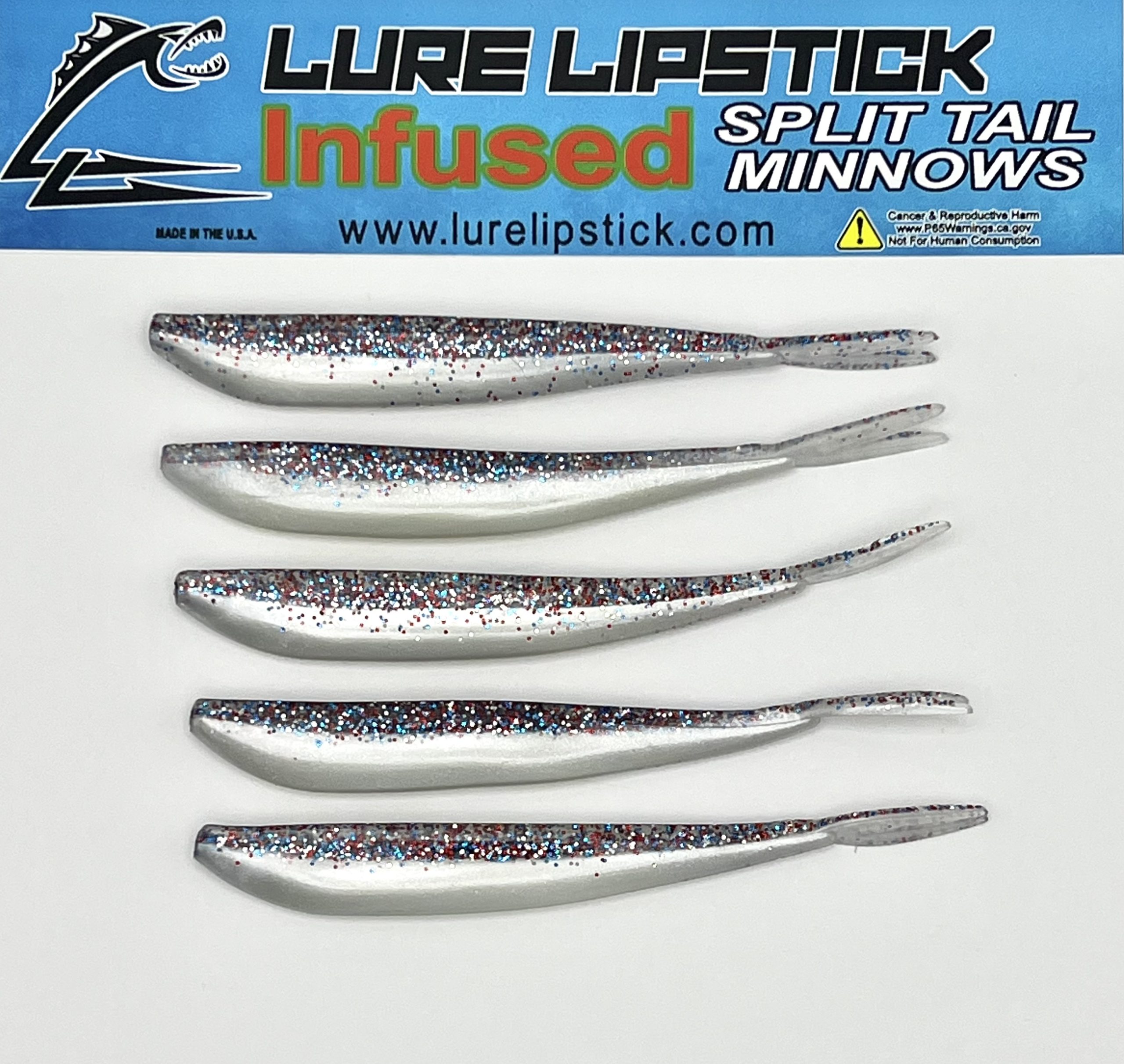 4in 5 Pack Custom Scented Split Tail Minnows – 4th of July – Lure Lipstick