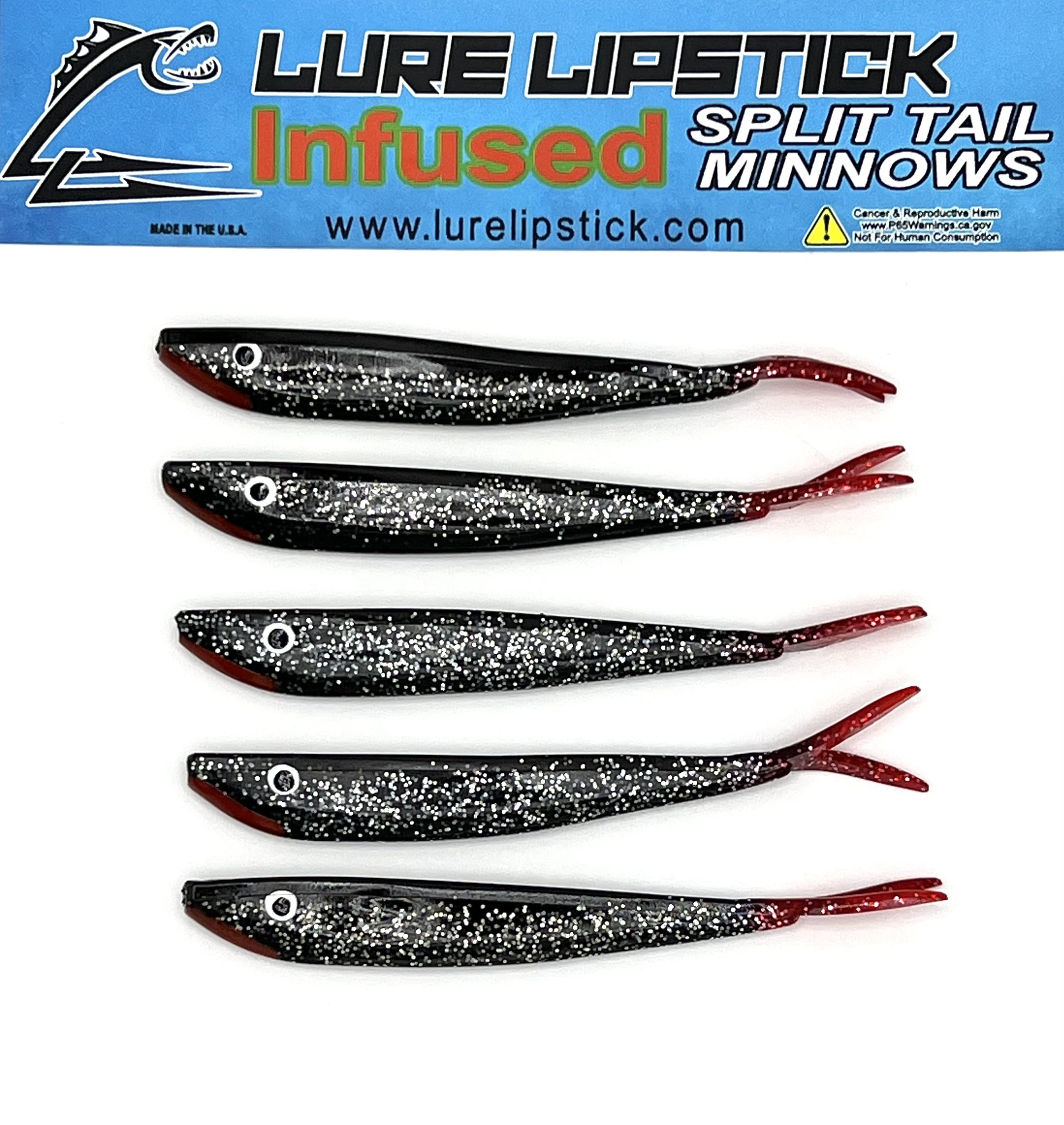4 Inch 5 Pack Custom Split Tail Minnows – VAMPIRE – Lure Lipstick