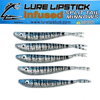 4 Inch 5 Pack Custom Split Tail Minnows - Blue Ice Log Perch
