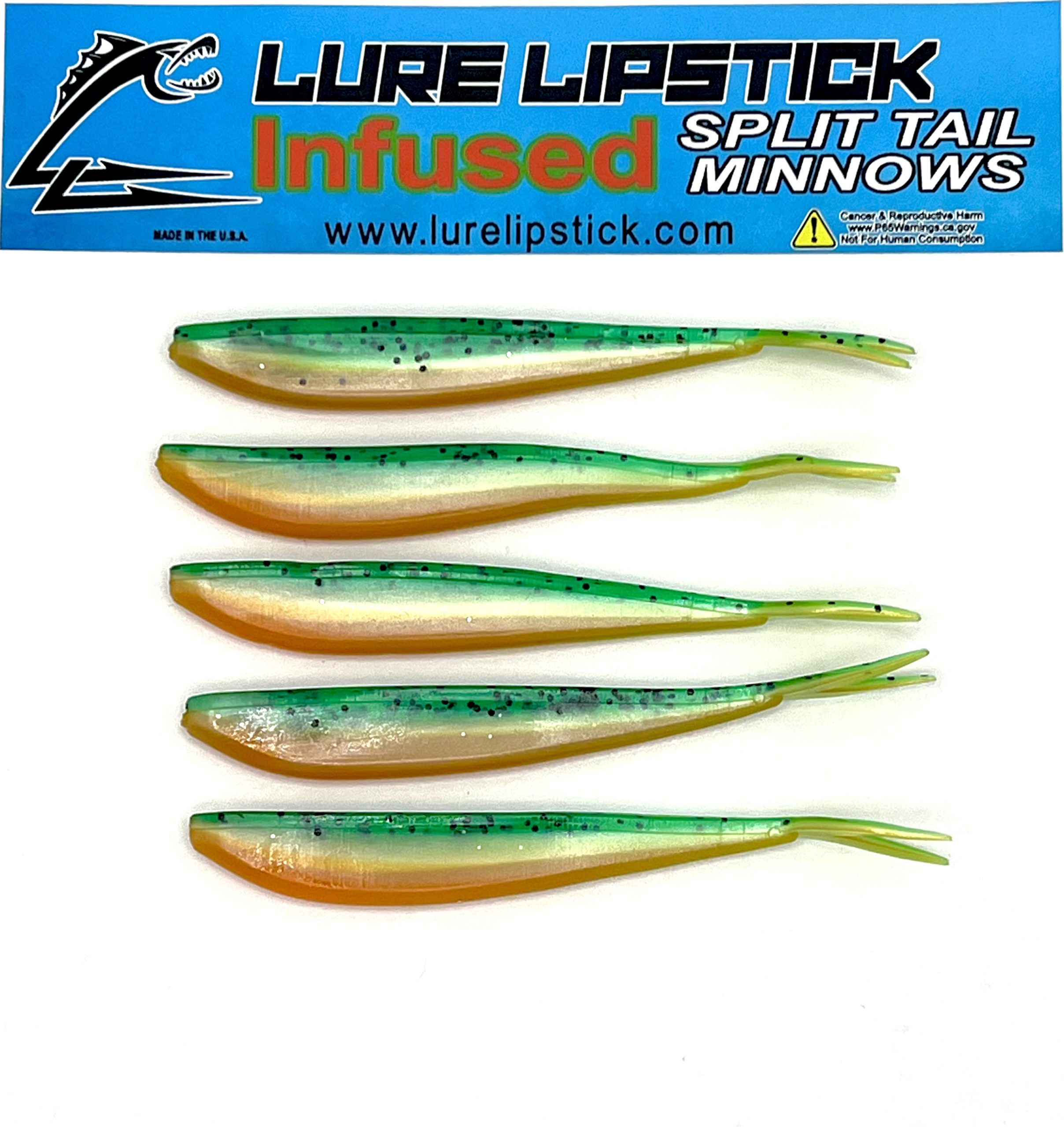 4 INCH 5 PACK CUSTOM SCENTED SPLIT TAIL MINOWS - FIRE TIGER