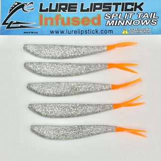 4 Inch 5 Pack Scented Split Tail Minnows - Silver Sparkle Orange Tail