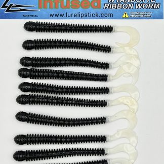 4 Inch 10 Pack Infused Custom Wyandotte Ribbon Worms- Black With White Tail