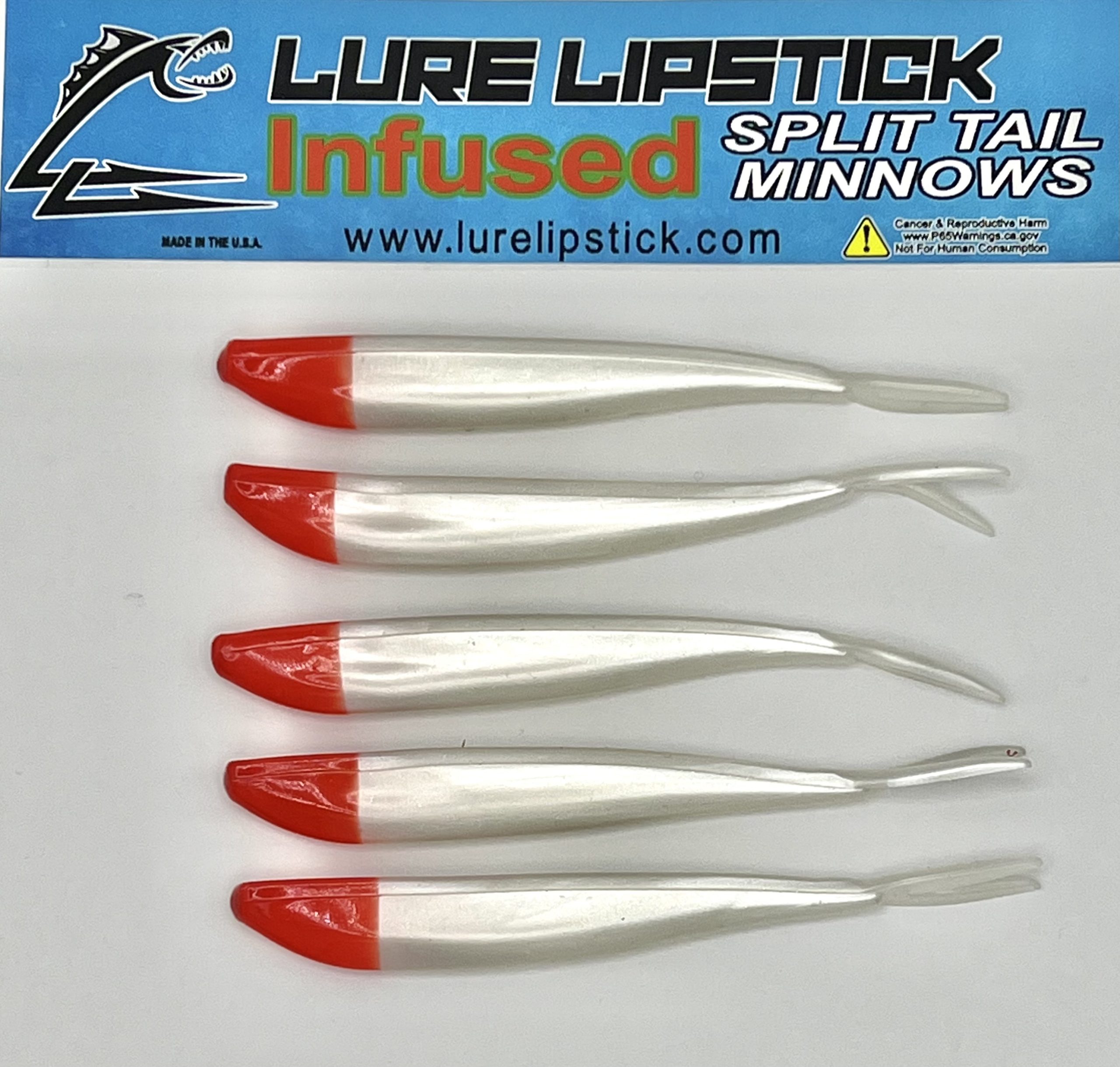 4 Inch 5 Pack Custom Split Tail Minnows- G- Man – Lure Lipstick