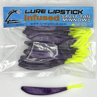 4 Inch 25 Pack Scented Split Tail Minnows- Purple Glitter Chartreuse Tail